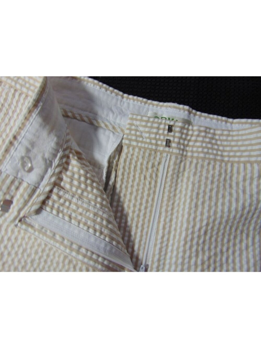 Orvis Womens Tan White Seersucker Pants Size 14 Cotton Flat Front Pockets Crop - Picture 7 of 16